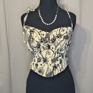 SHEIN Black and White Floral Shoulder Tie Crop Top